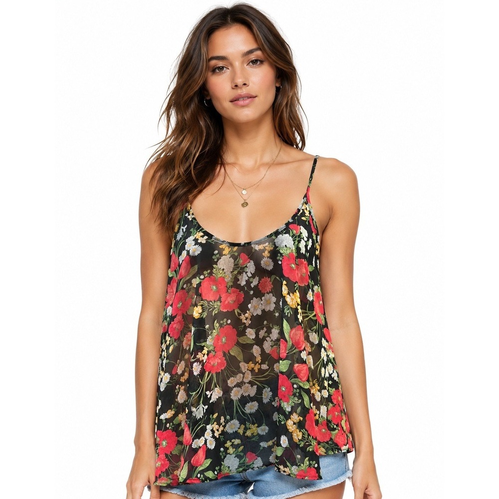 American Dream Womens S Black Red Poppy Floral Sheer Camisole Boho Festival Cami